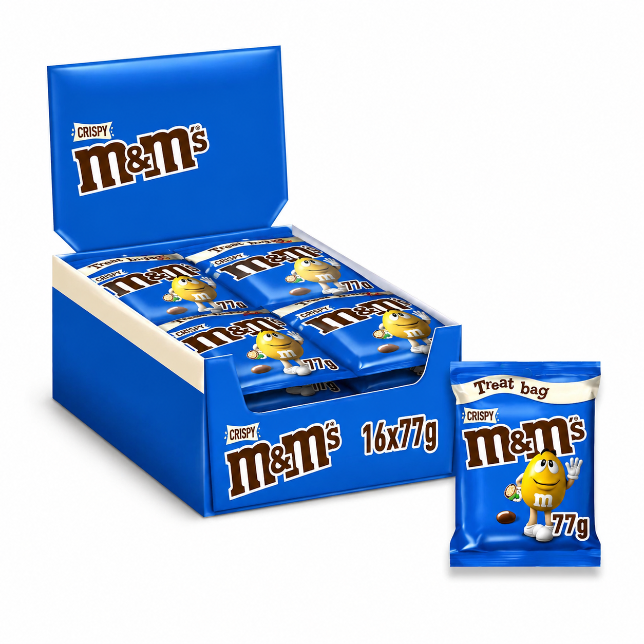 Box of M&M's Crispy candy with a single packet on a white background.