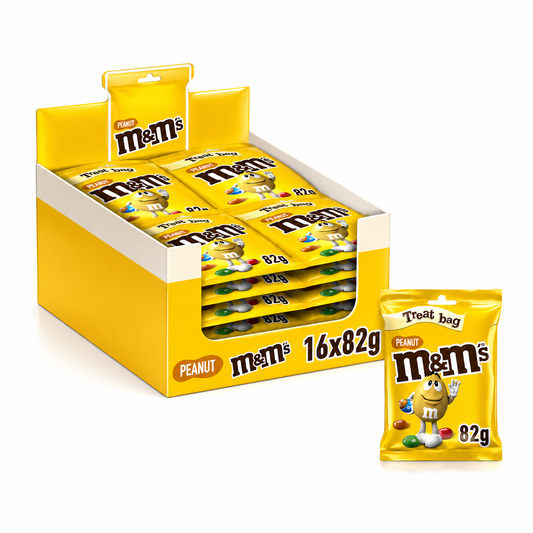 Display box of M&M's Peanut candy bags with a single bag in front on a white background.