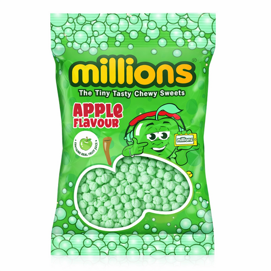 Green packaging of Millions Apple Flavour candy with a cartoon character on a pure white background.