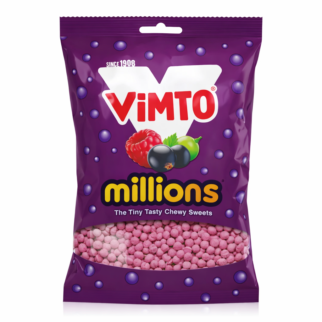 Purple package of Vimto Millions with colorful candies visible on a pure white background.