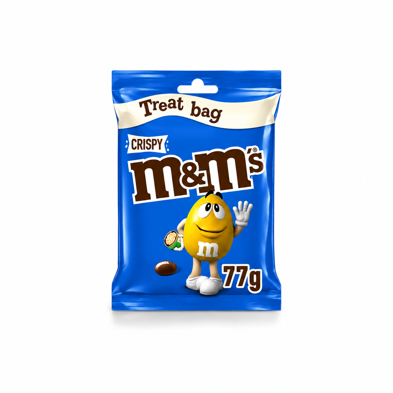 Crispy M&M's treat bag on a pure white background.