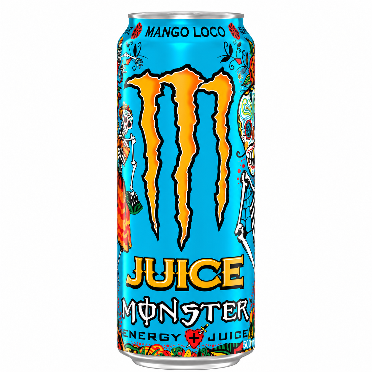 Monster Energy drink can with colourful design on a pure white background.