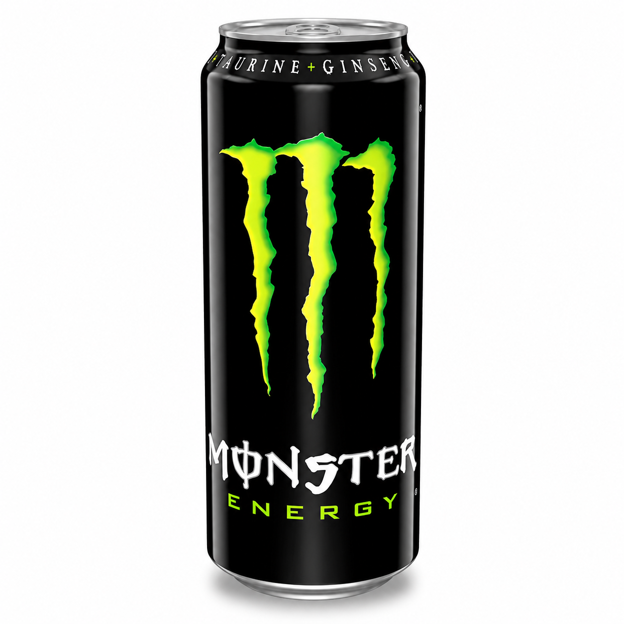 Monster Energy drink can and green logo on a pure white background.