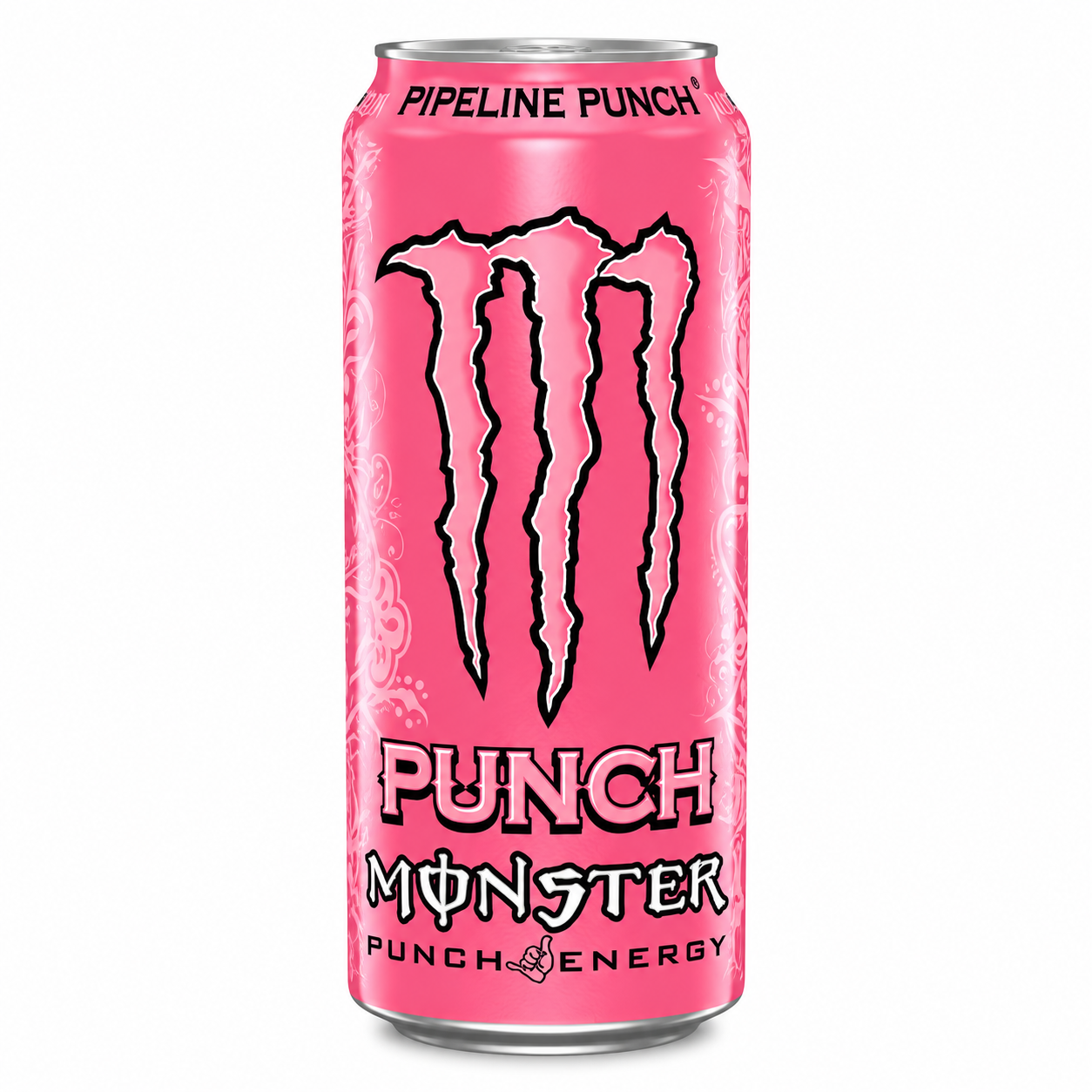 Pink energy drink can with 'Monster' branding on a pure white background.