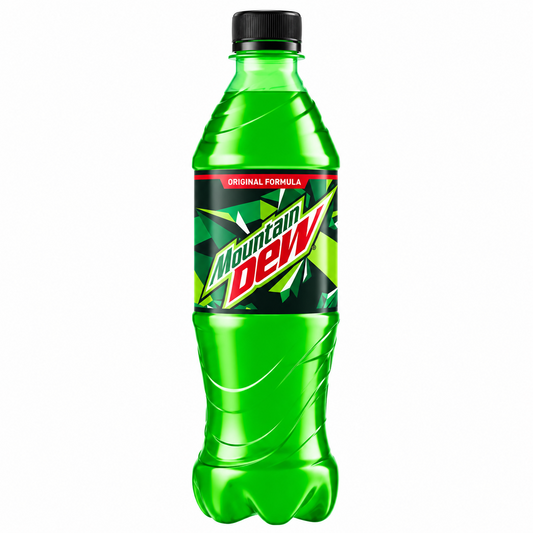 Green Mountain Dew bottle with black cap on a pure white background.