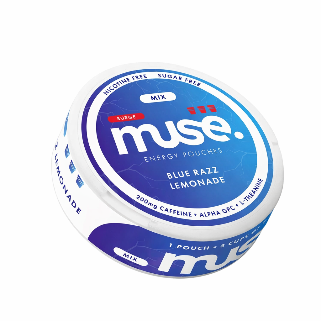 Muse Energy pouch tin shown in minimal branded packaging on a pure white background.
