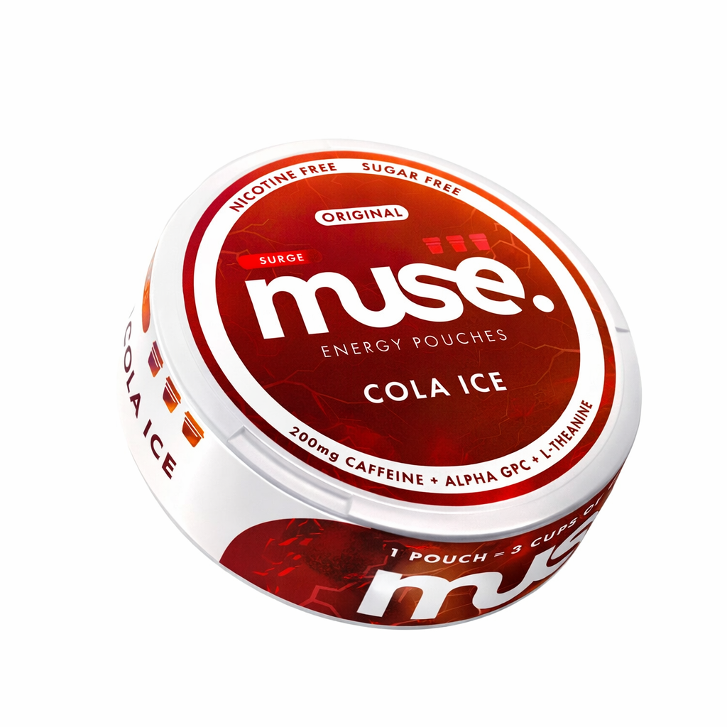 Muse Energy pouch tin shown in minimal branded packaging on a pure white background.