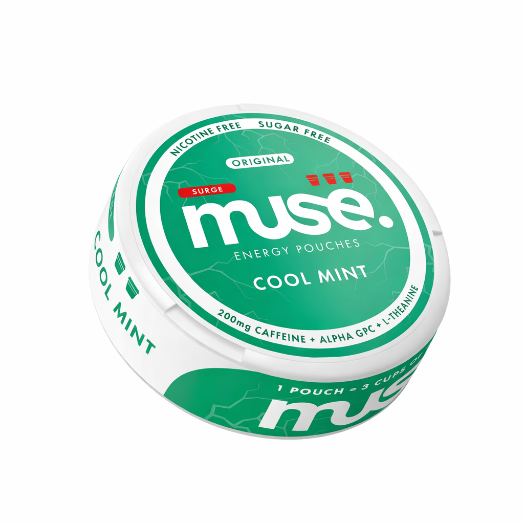 Muse Energy pouch tin shown in minimal branded packaging on a pure white background.