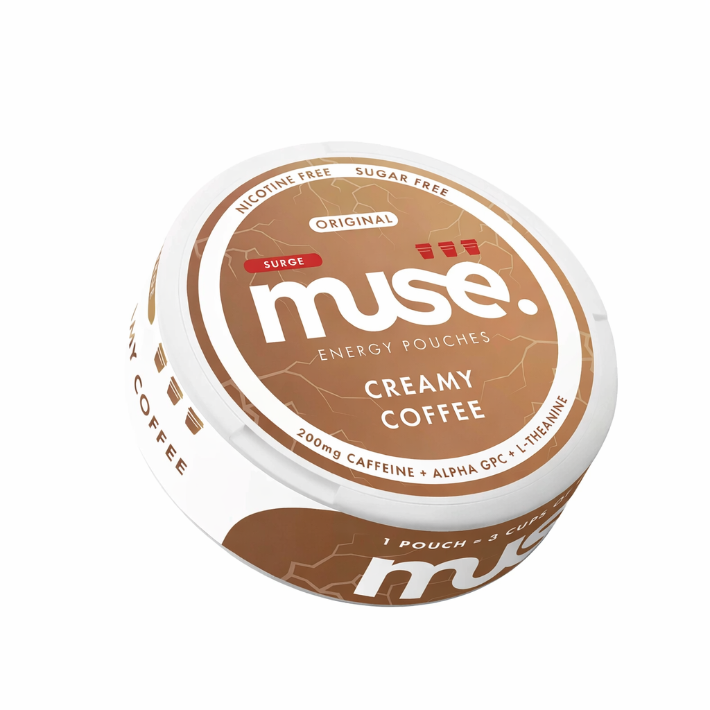 Muse Energy pouch tin shown in minimal branded packaging on a pure white background.
