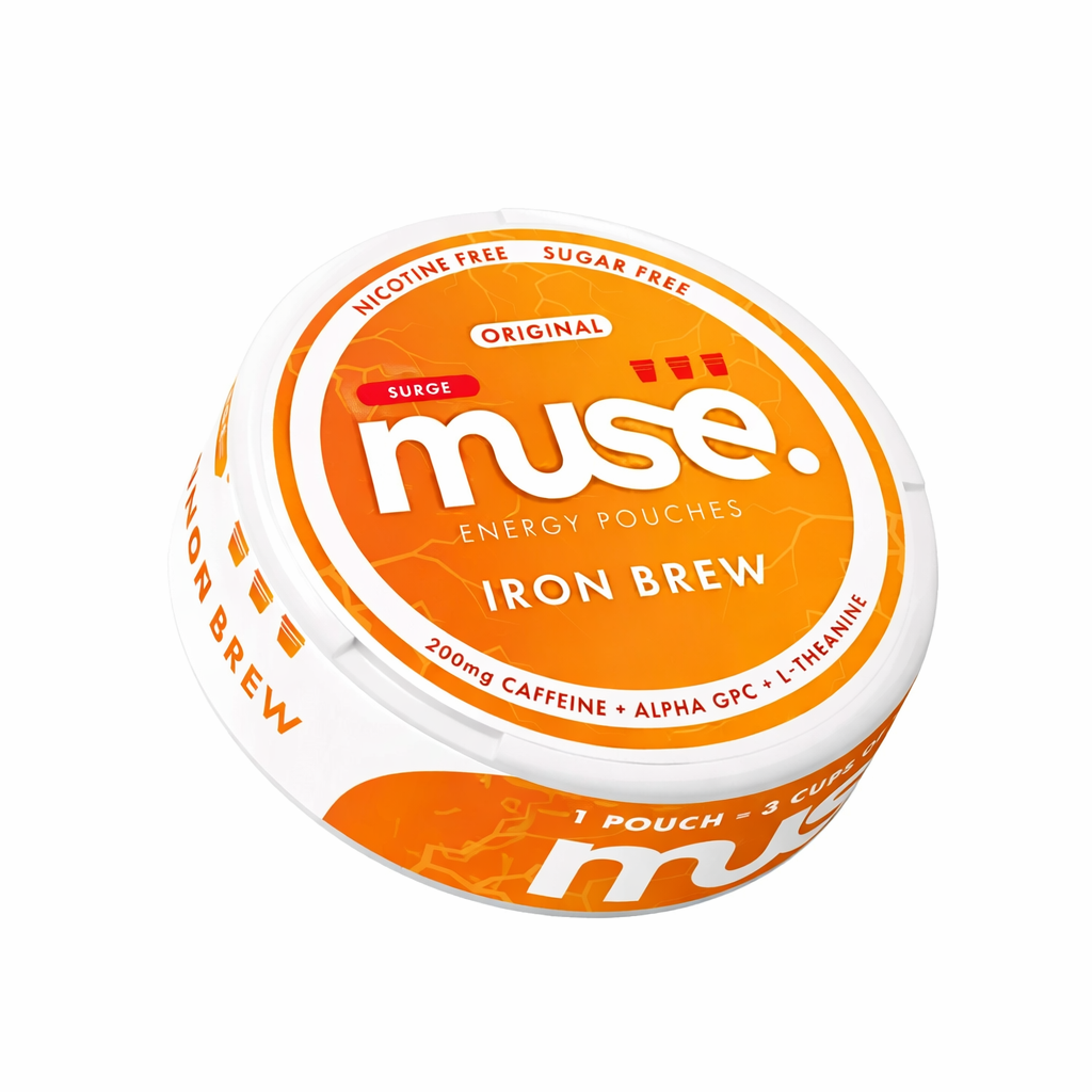 Muse Energy pouch tin shown in minimal branded packaging on a pure white background.