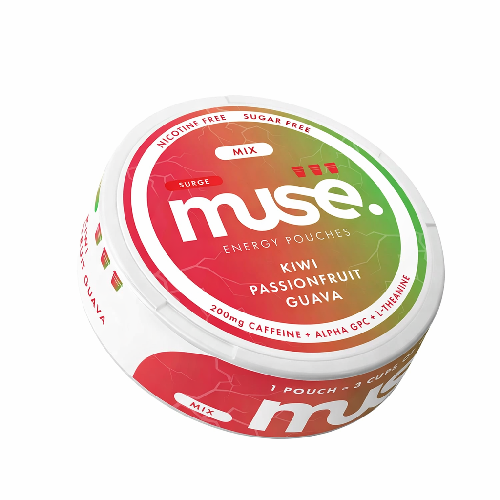 Muse Energy pouch tin shown in minimal branded packaging on a pure white background.
