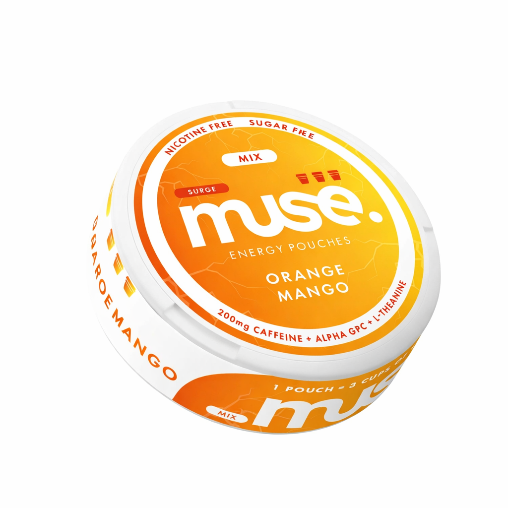 Muse Energy pouch tin shown in minimal branded packaging on a pure white background.