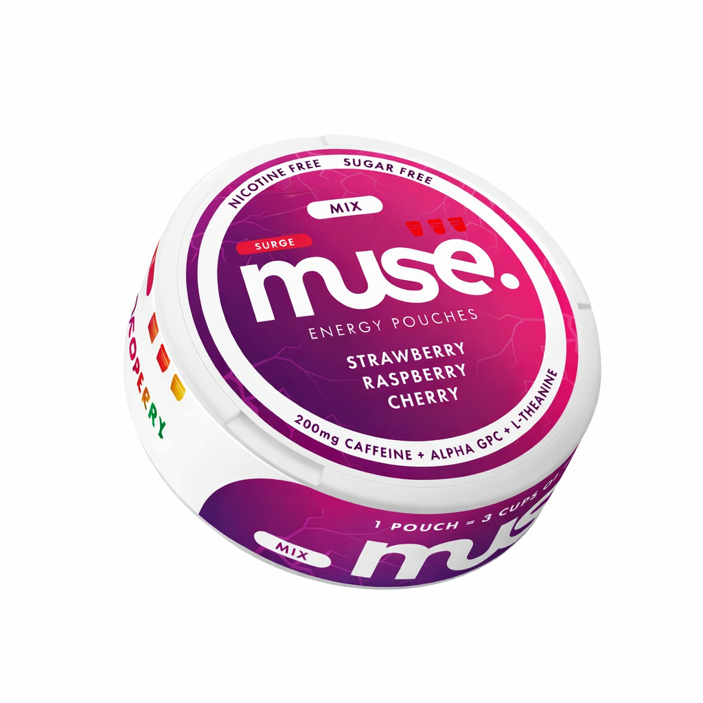 Muse Energy pouch tin shown in minimal branded packaging on a pure white background.