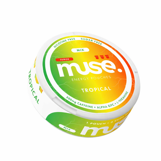 Muse Energy pouch tin shown in minimal branded packaging on a pure white background.