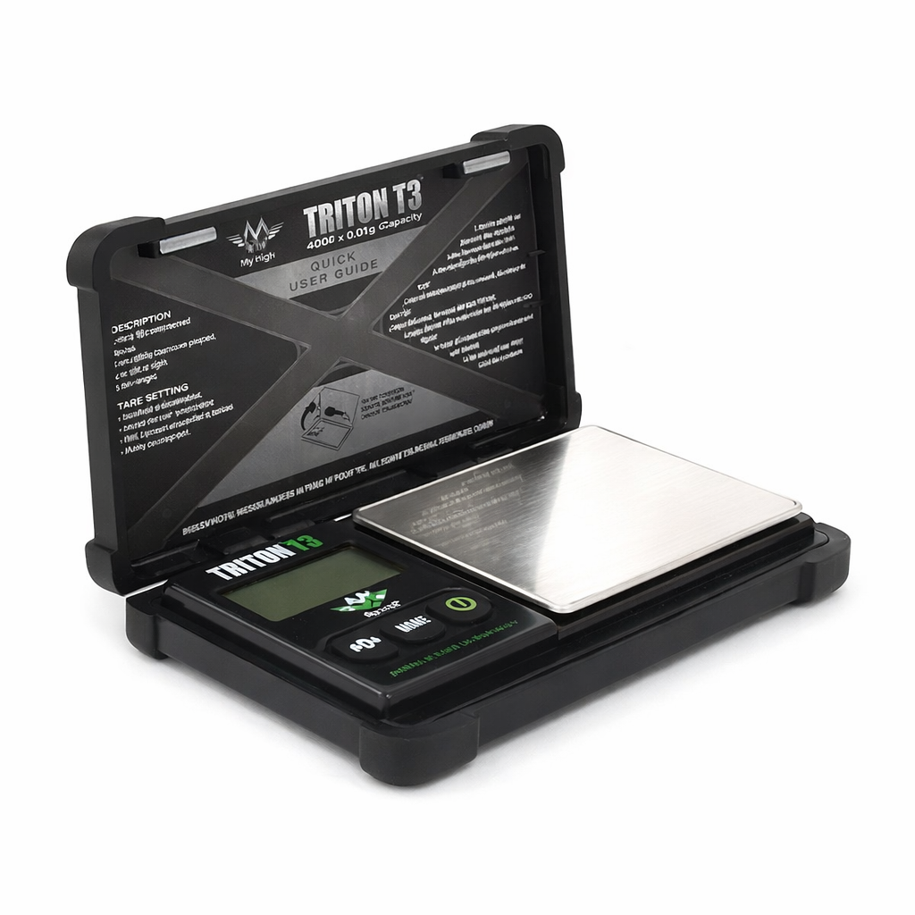 Digital pocket scale with a black casing and digital display on a white background.