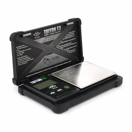 Digital pocket scale with a black casing and digital display on a white background.