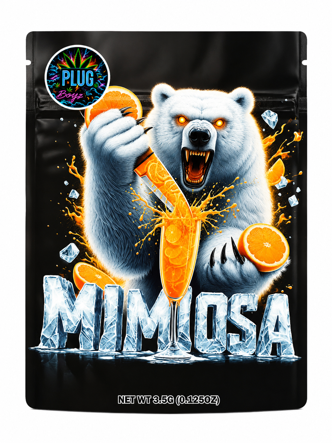 Branded mylar packaging bag with illustration on pure white background.