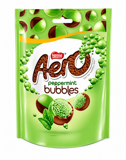 Nestle Aero Peppermint Bubbles chocolate packaging on a pure white background.
