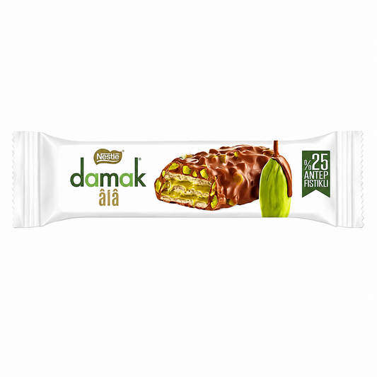 Damak chocolate bar packaging with Nestle logo on a pure white background.