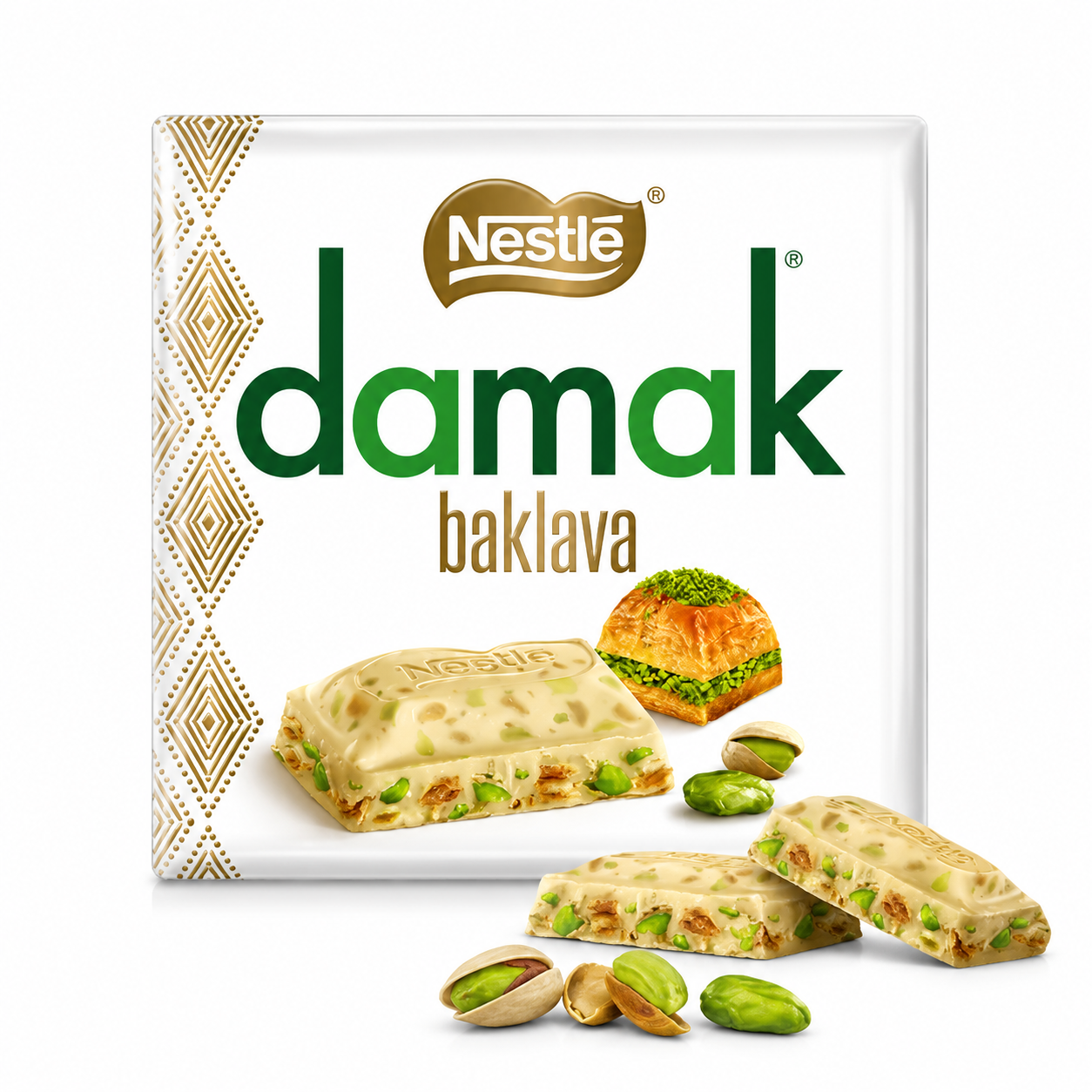 Nestle Damak Baklava packaging with product image on a pure white background.