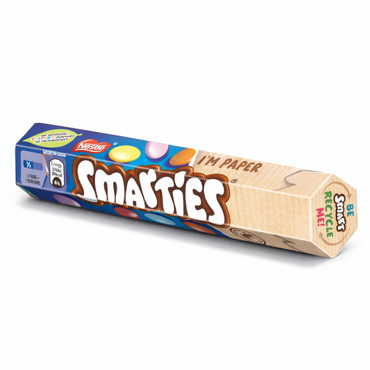 Nestle Smarties Milk Chocolate Tube 38g shown upright with colourful Smarties branding and recyclable paper tube packaging on a pure white background.