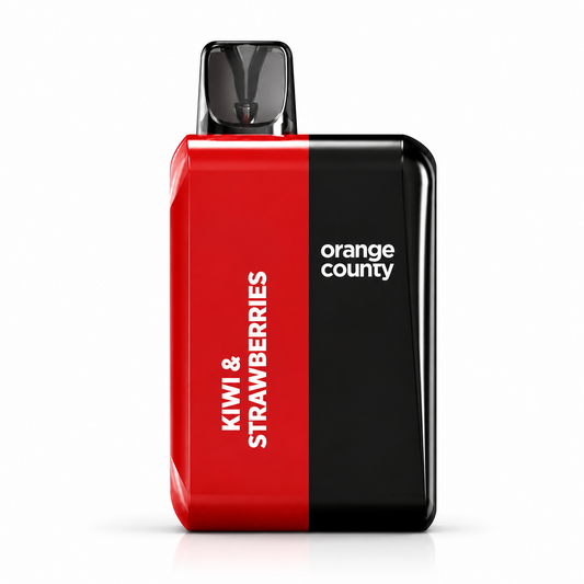 Red and black device with 'Orange County' branding and 'Kiwi & Strawberries' text on a pure white background.