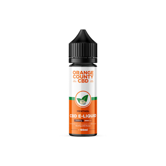 Orange County CBD vape liquid Menthol bottle displayed upright on a pure white background with clear branding and enhanced colour