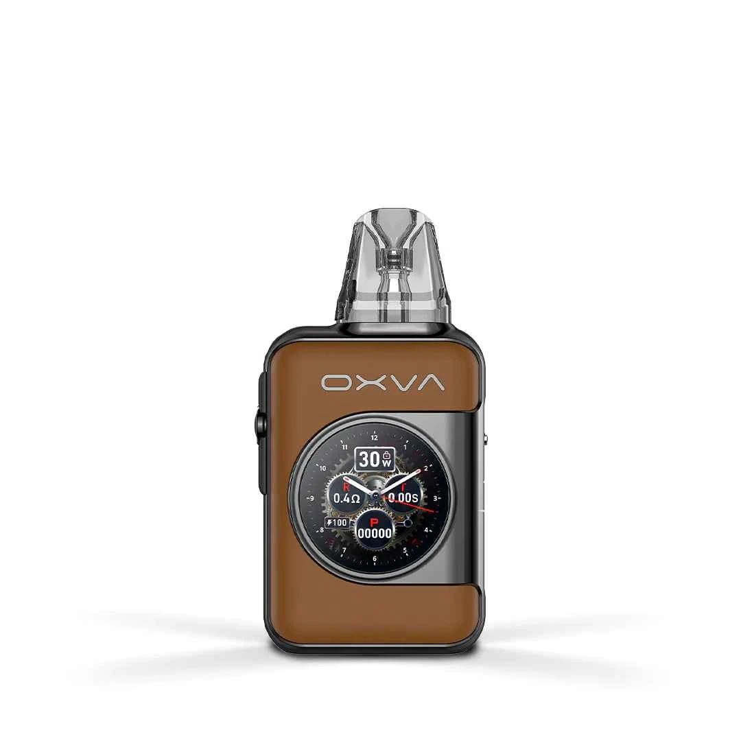 OXVA SQ Pro 2 pod device in Brown Leather standing upright on a pure white background, showing its metallic finish and compact square design.