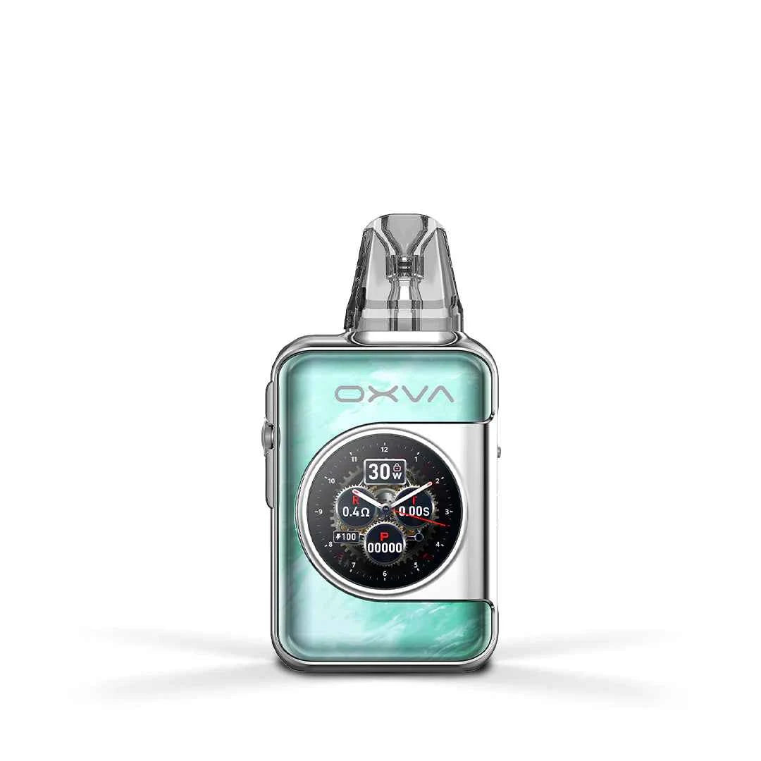 OXVA SQ Pro 2 pod device in Caledon Marble standing upright on a pure white background, showing its metallic finish and compact square design.