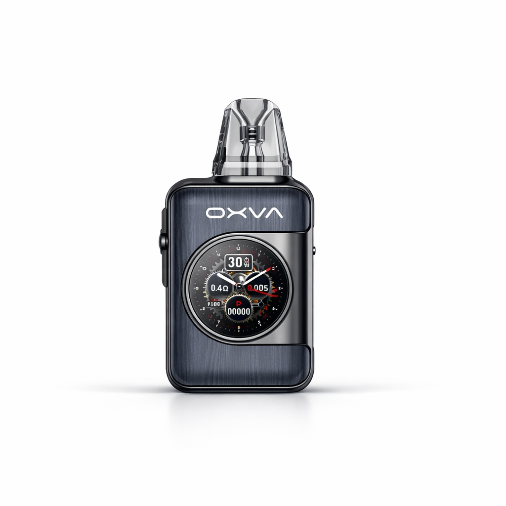 OXVA SQ Pro 2 pod device in Gunmetal Grey standing upright on a pure white background, showing its metallic finish and compact square design.