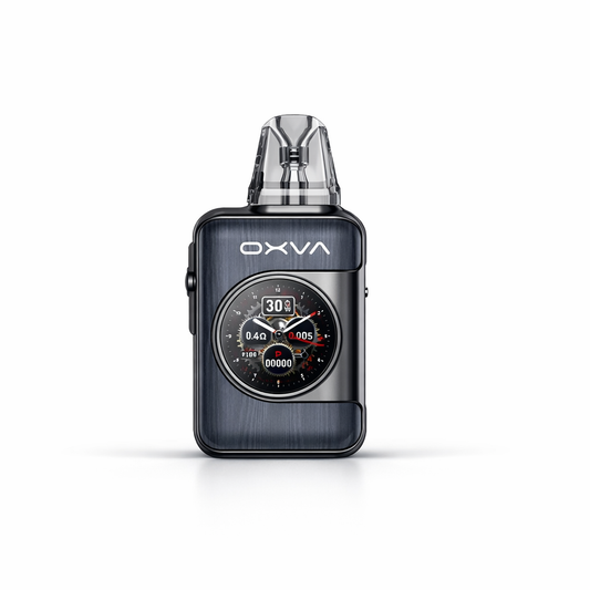 OXVA SQ Pro 2 pod device in Gunmetal Grey standing upright on a pure white background, showing its metallic finish and compact square design.