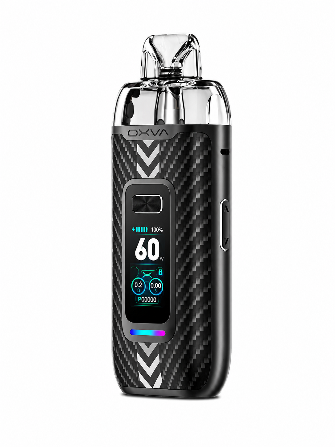OXVA VPrime device displayed on a pure white background with clear device and branding details.