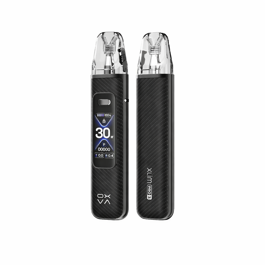 Oxva Xlim Pro 3 device in Black Carbon colour on a pure white background.