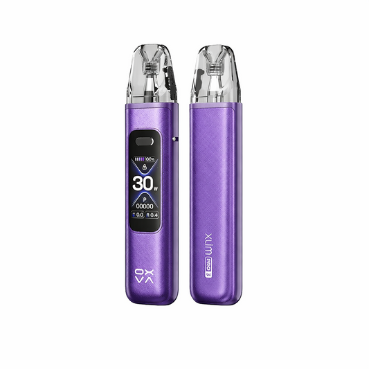 OXVA Xlim Pro 3 device in Purple Silk standing upright on a pure white background, showing its smooth metallic purple finish and slim rectangular body.