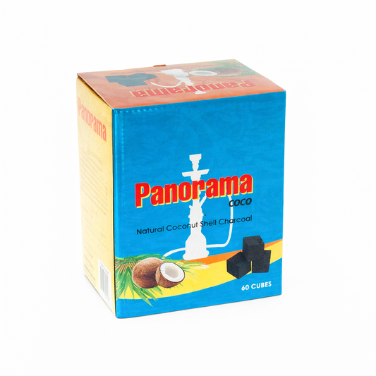 Panorama natural coconut shell charcoal cubes arranged in a 60‑pack box with uniform square pieces displayed in a neat, organised layout on a pure white background.