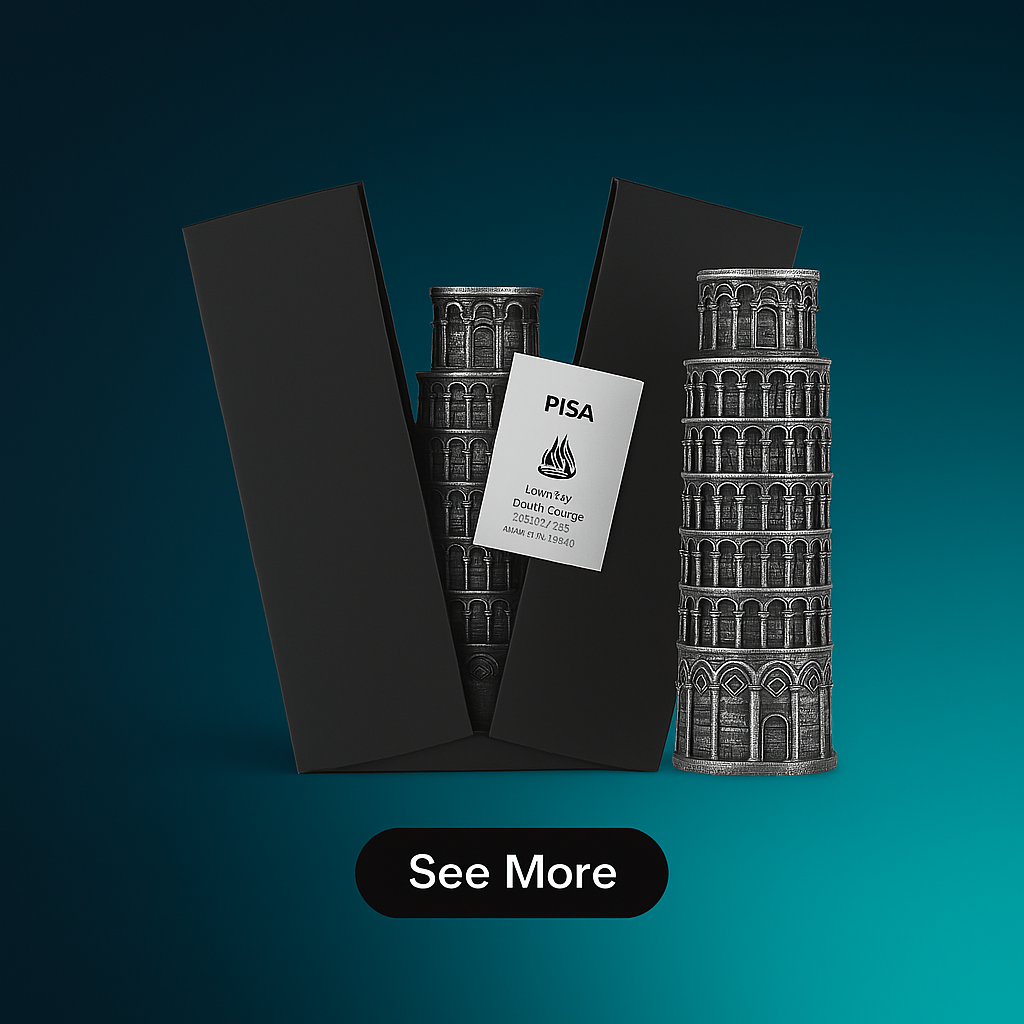 Leaning Tower of Pisa model with packaging on a gradient blue background