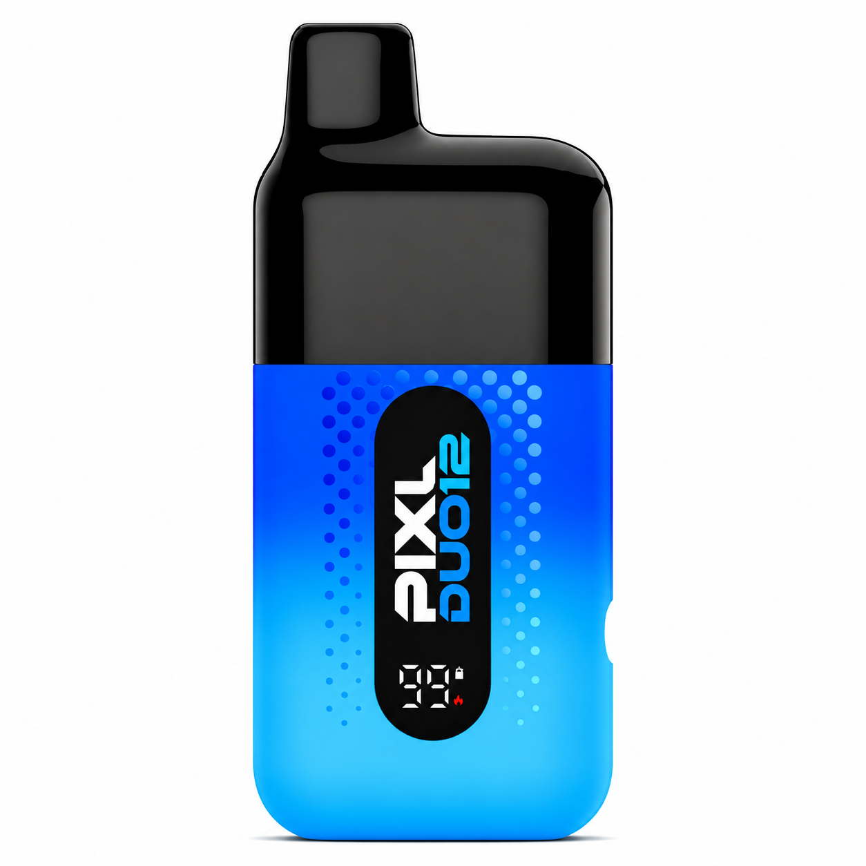 Vape device with blue gradient finish, glossy black top, digital display and on a pure white background.