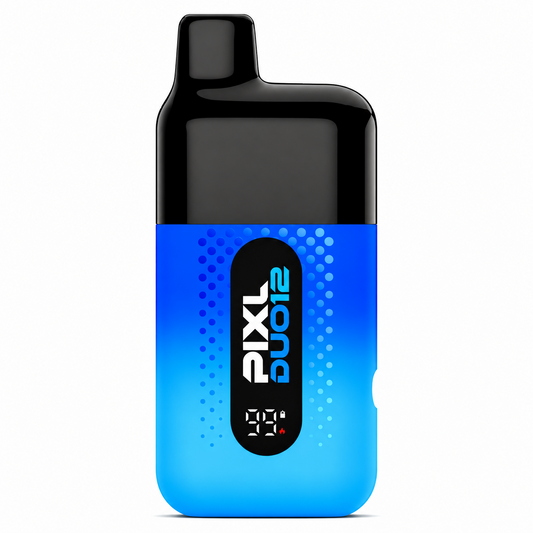 Vape device with blue gradient finish, glossy black top, digital display and on a pure white background.