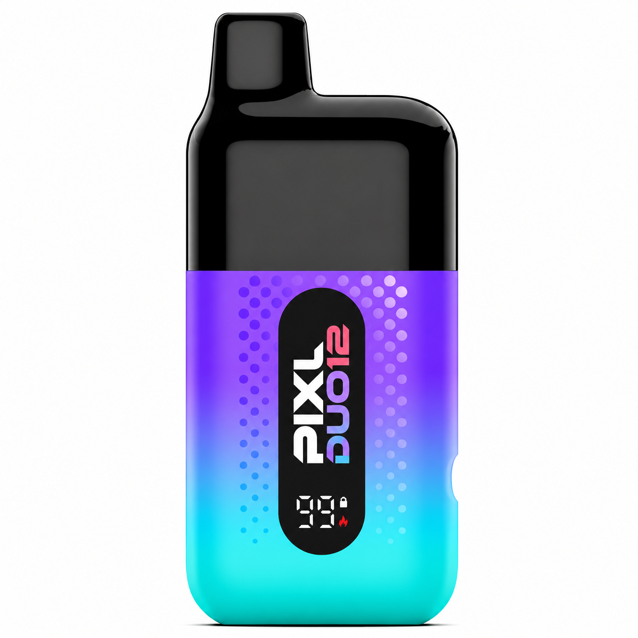 Vape device with blue/purple gradient finish, glossy black top, digital display and on a pure white background.