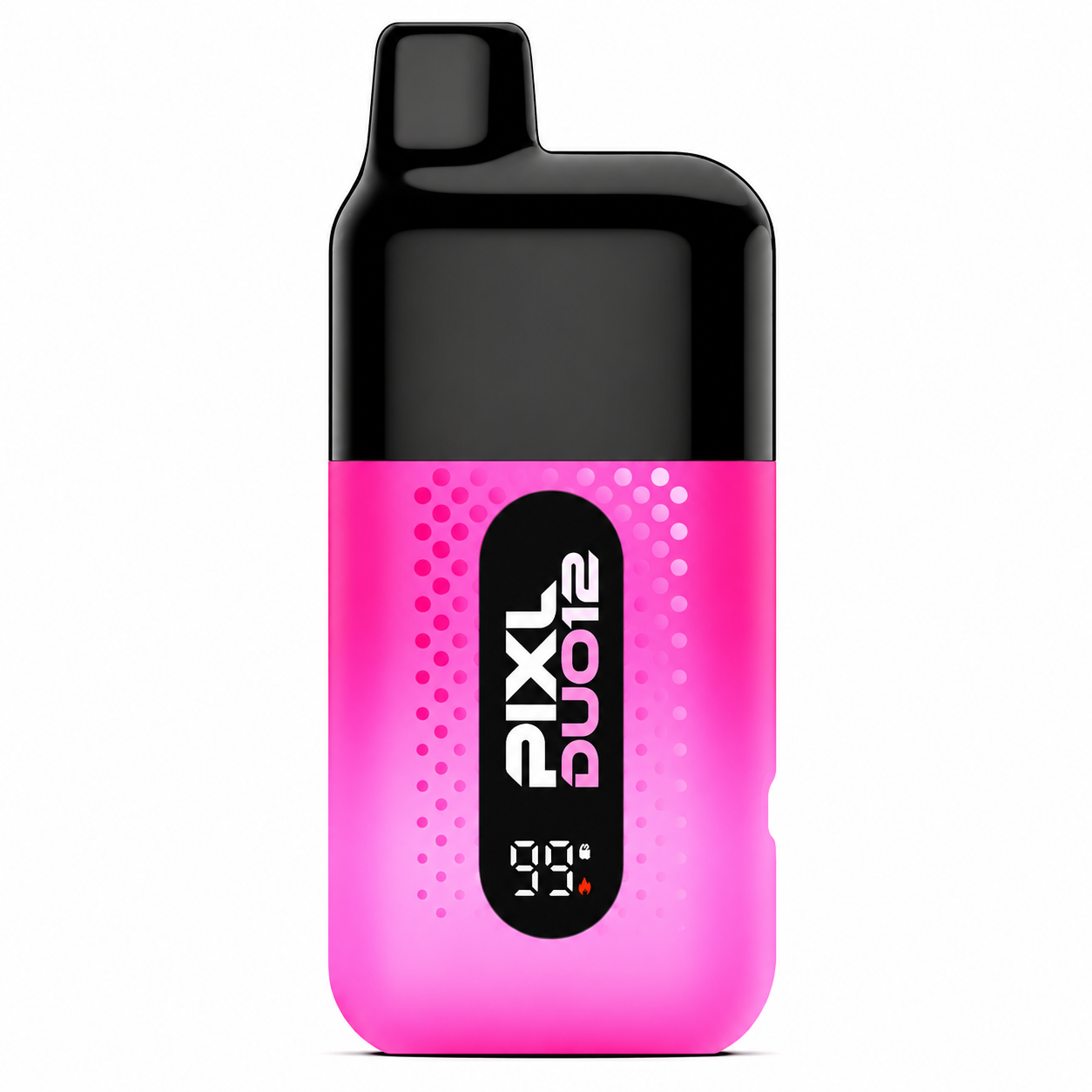 Vape device with pink gradient finish, glossy black top, digital display and on a pure white background.