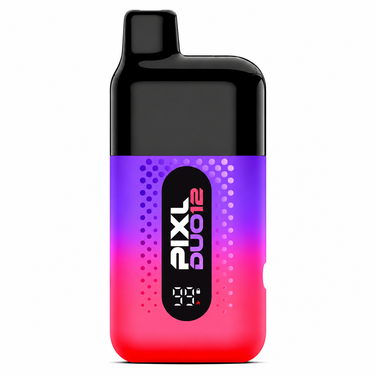 Vape device with purple/pink gradient finish, glossy black top, digital display and on a pure white background.