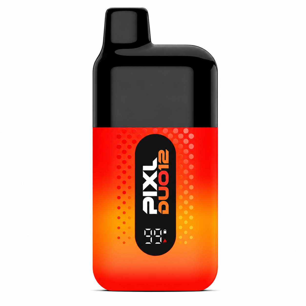 Vape device with orange gradient finish, glossy black top, digital display and on a pure white background.