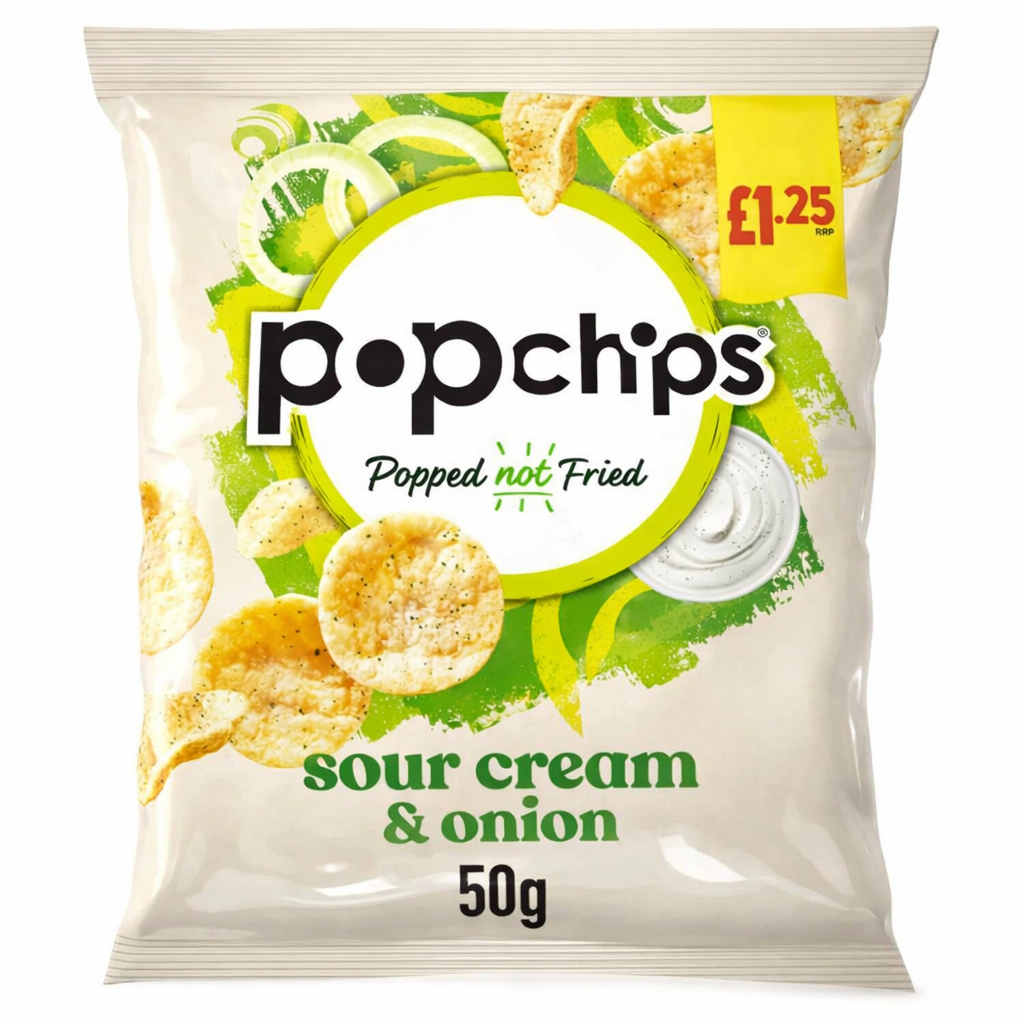 Pop Chips Crisps 50g bag shown upright with branded packaging on a pure white background.