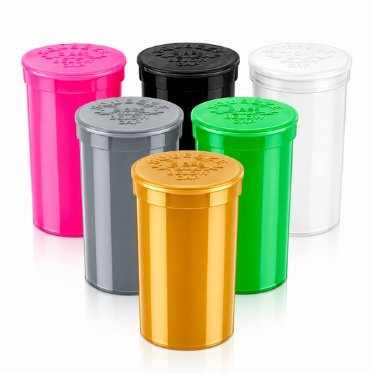 Set of colorful cylindrical containers with lids on a white background