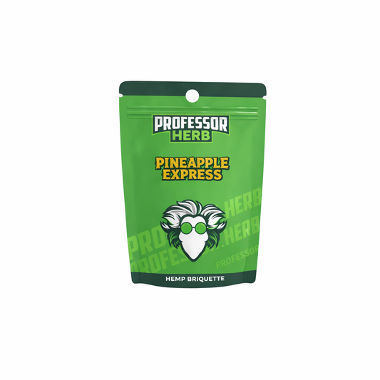 Green Professor Herb hemp briquette pack with botanical branding on a white background.