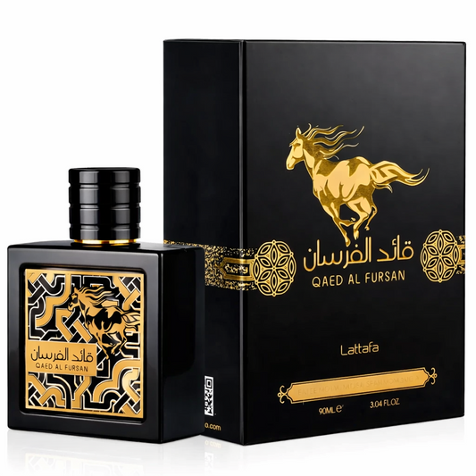 Qaed Al Fursan by Lattafa Eau De Parfum 90ml bottle and box shown in premium black‑and‑gold branded packaging on a pure white background.