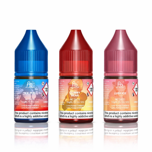Three bottles of flavored nicotine products on a white background