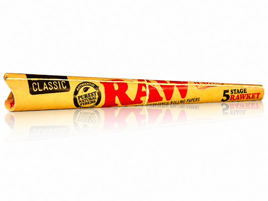 RAW 5 Stage Rawket pre‑rolled cone pack showing assorted sizes on a pure white background.