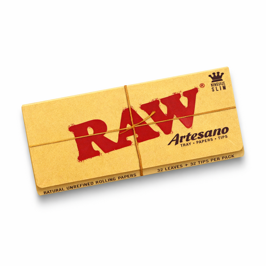RAW Artesano King Size Slim rolling papers with built‑in tray and matching tips single pack shown in natural‑brown branded packaging on a pure white background.