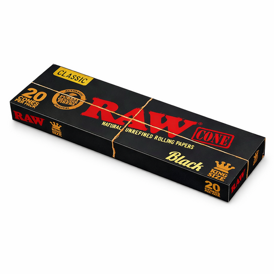 RAW Black Classic King Size pre‑rolled cones 20‑piece pack shown in black and natural‑brown branded packaging on a pure white background.